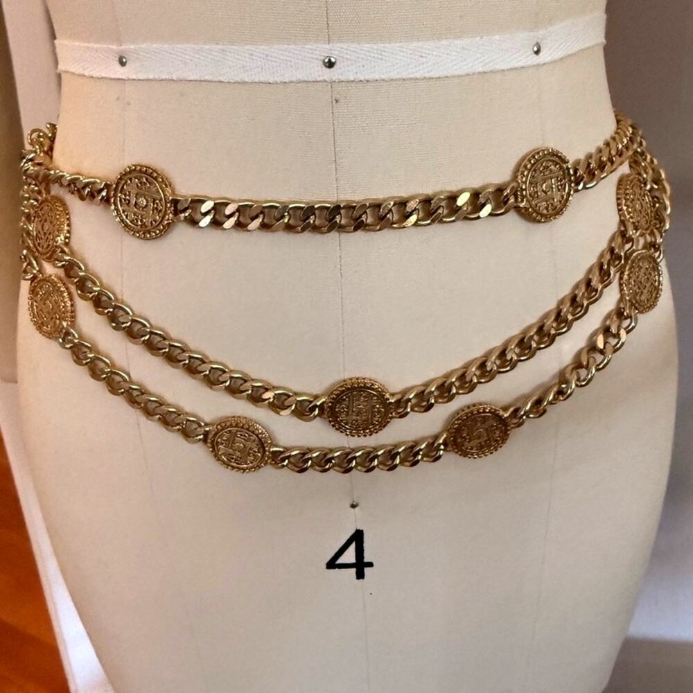Vintage Gold Tone Medallion Chain Belt Runway Triple Strand Coins Statement